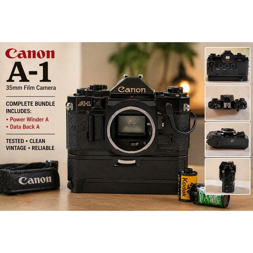 Canon A-1 35mm SLR Film Camera Body with Data Back A and Power Winder A Black